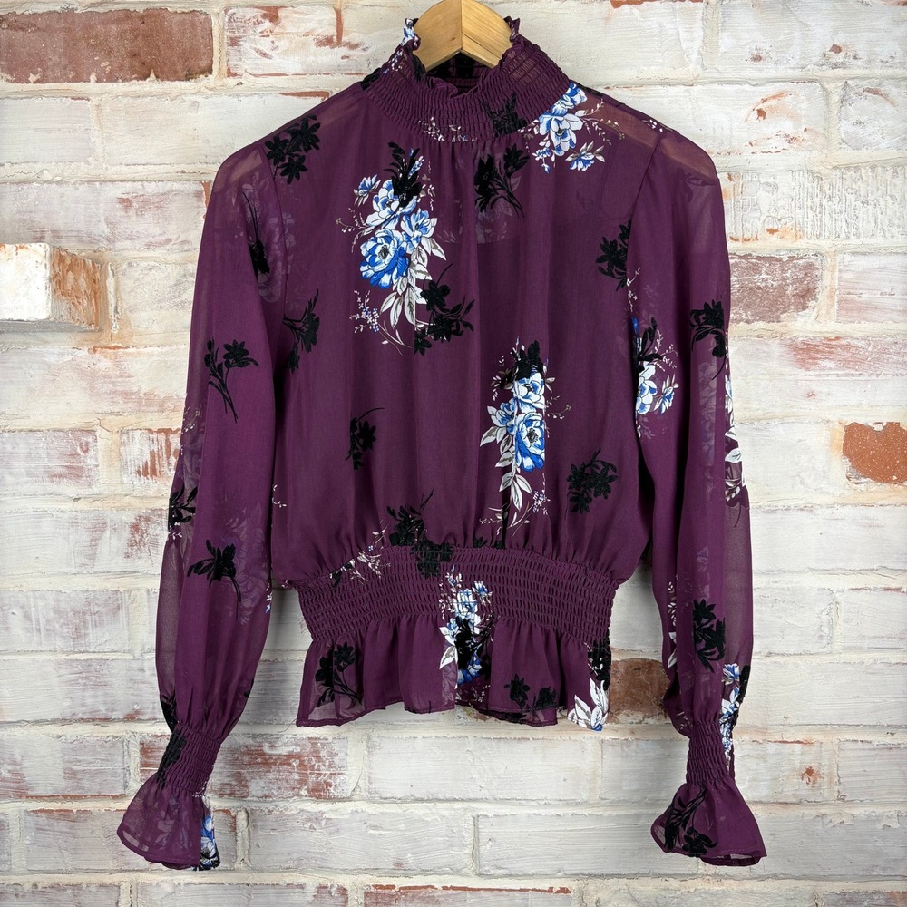 KAII Floral Velvet Burnout Sheer Blouse Medium‎ Purple Romantic Goth